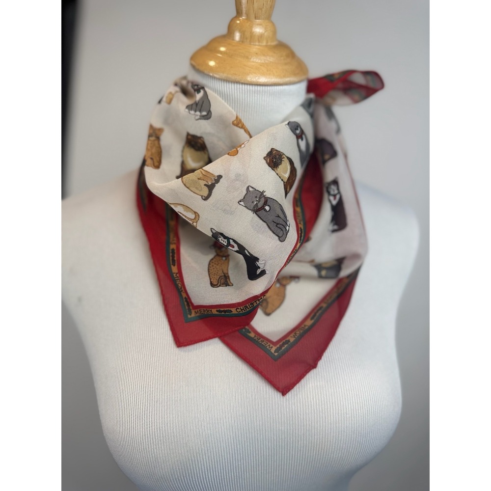 Vtg Christmas Cat Meow Neck Scarf Polyester Santa Hats Korea 20" x 21"